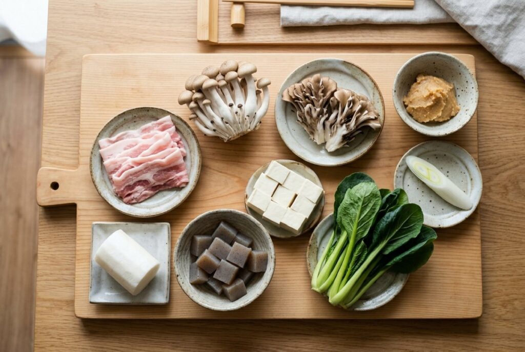 豚バラ肉、大根、こんにゃく、きのこ、豆腐など豚汁の材料