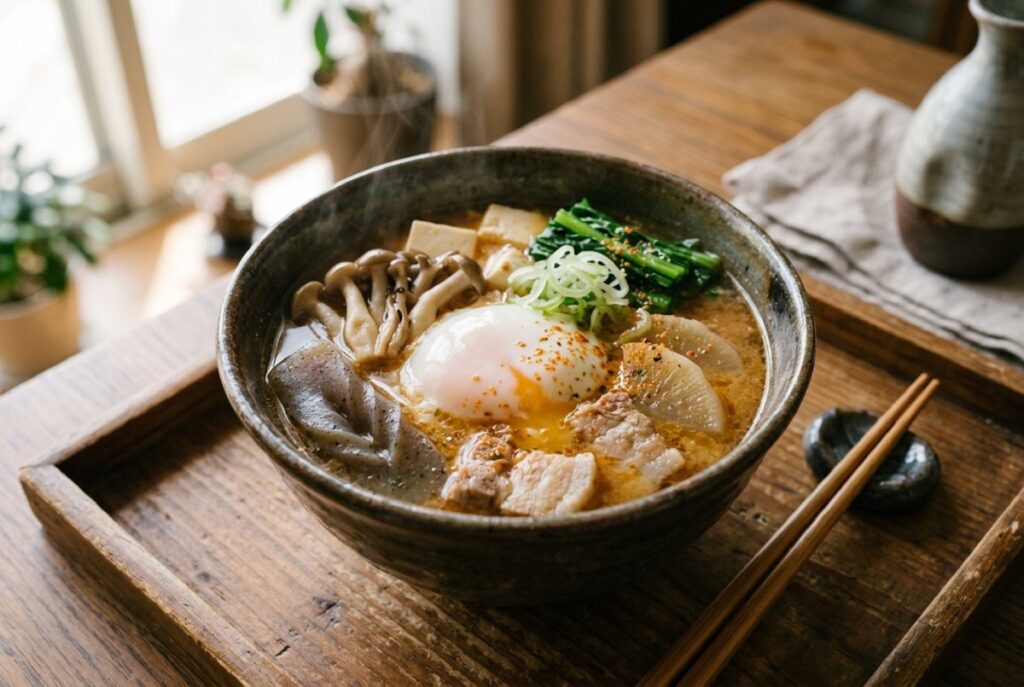 卵を落とした具だくさんの豚汁を椀に盛った朝ごはん