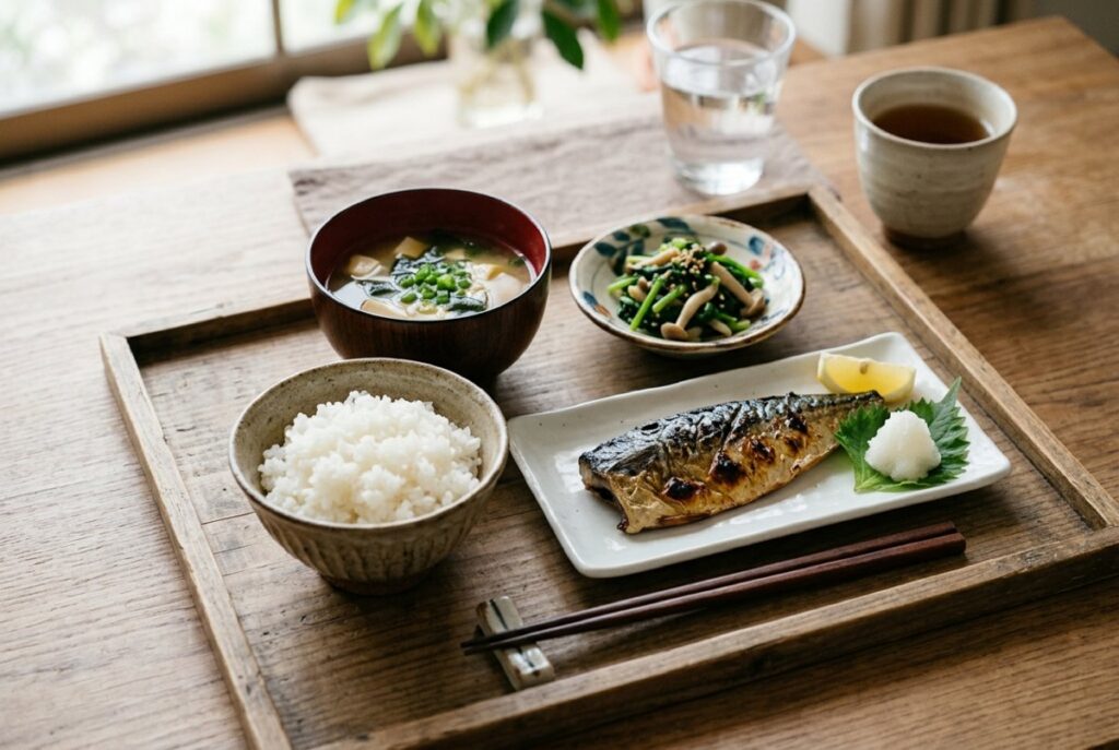ごはん軽く1杯と焼き魚、みそ汁、野菜のおかずの定食
