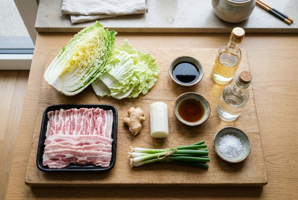 白菜1/6株、豚バラ薄切り肉、しょうが、大根、小ねぎを並べた材料