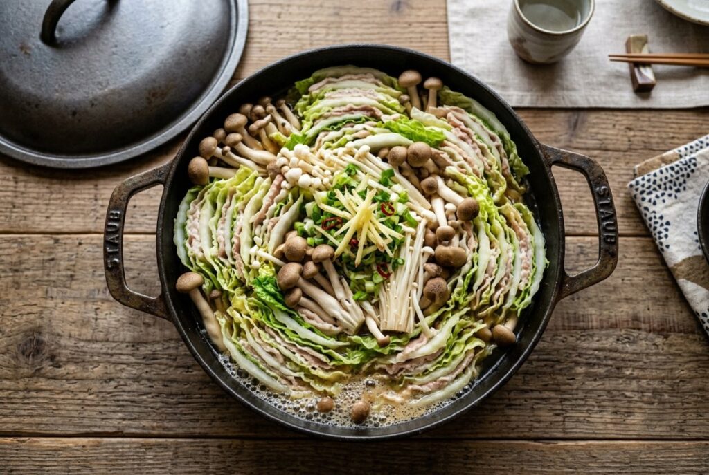 しめじとえのきをすき間に詰めた白菜と豚バラの重ね蒸し